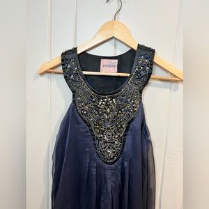 Epilogue Blue Dress with detail bead work and sheer flowing skirt